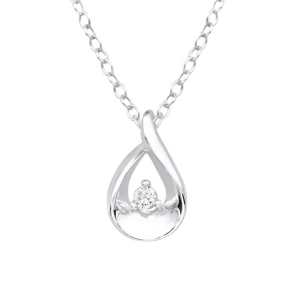 Sterling Silver Classic Solitaire Tear Drop Pendant Necklace - Picture 1 of 9